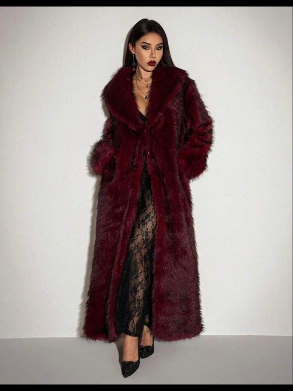 SHEIN Burgundy Faux Fur Lined Long Coat